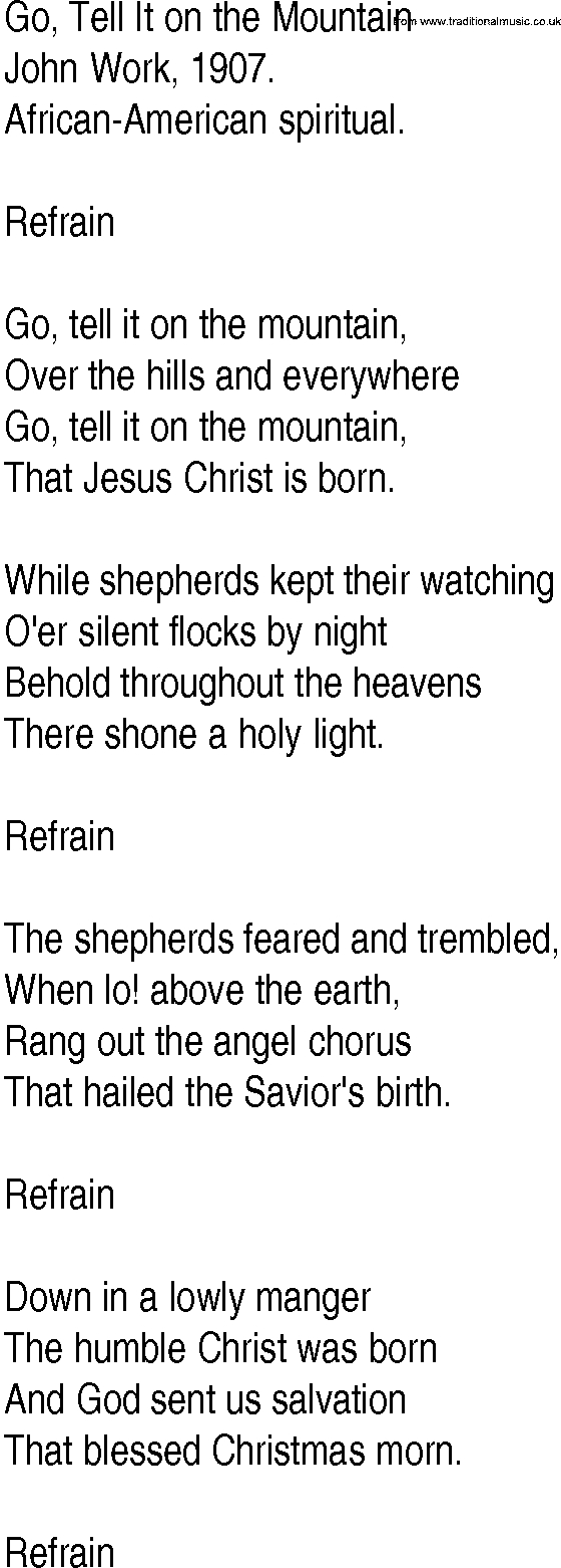 Hymn And Gospel Song Lyrics For Go, Tell It On The Mountain with Printable Lyrics For Go Tell It on the Mountain