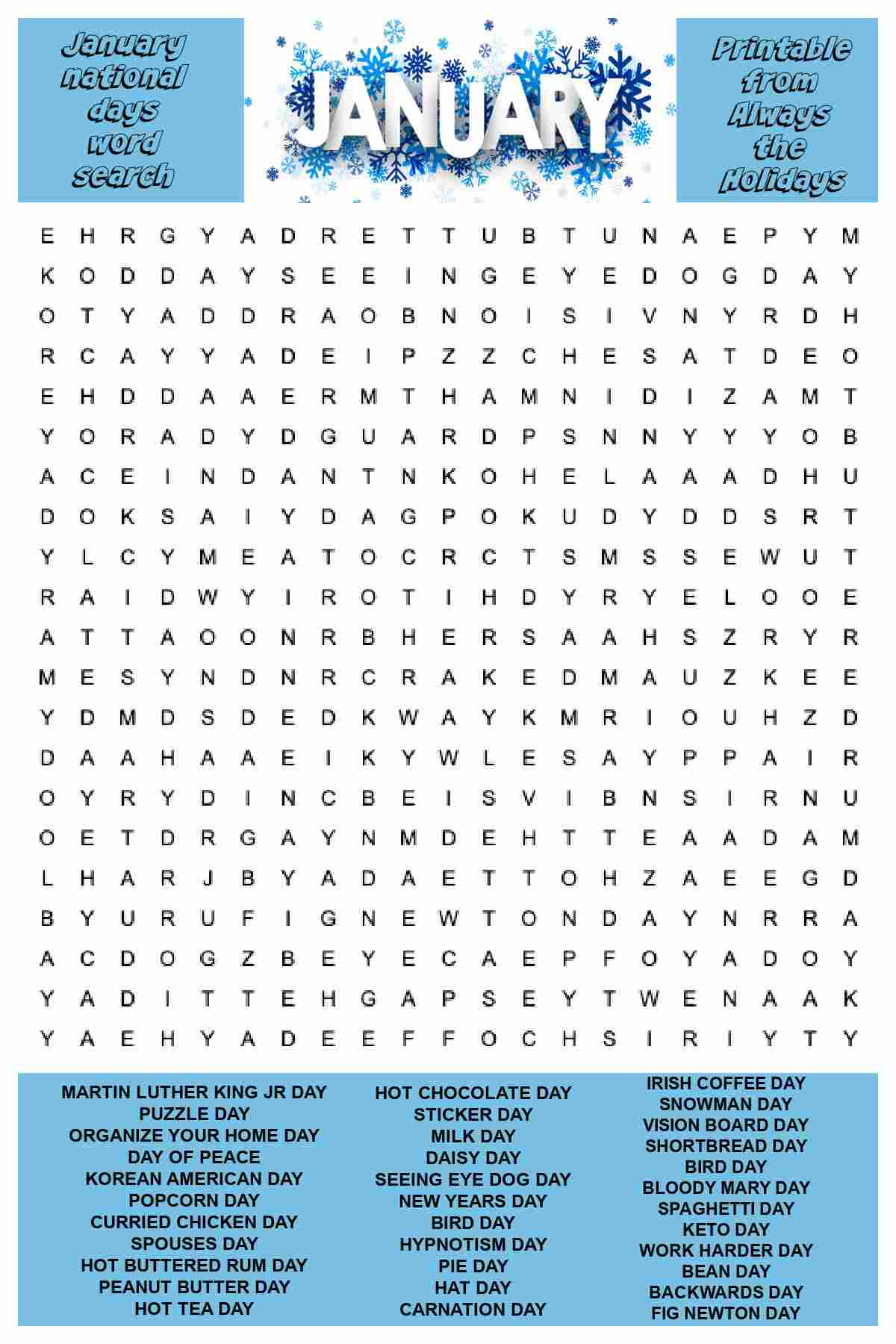 January Word Search Printable - National Day Word Find Puzzle for January Word Search Free Printable