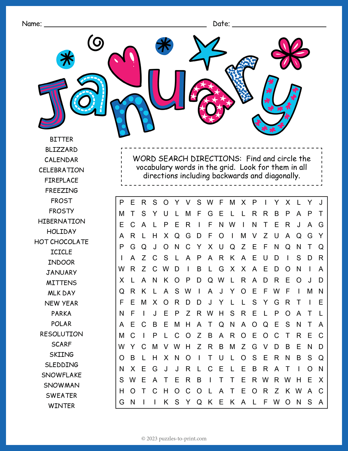 January Word Search throughout January Word Search Free Printable