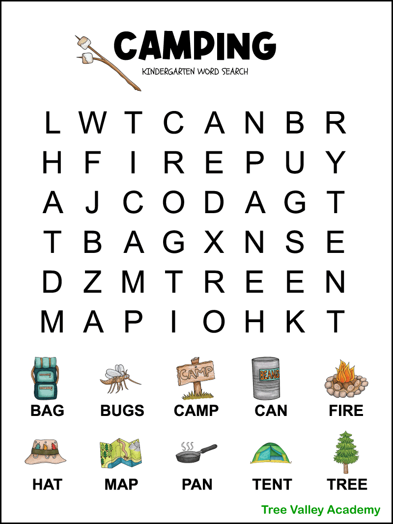 Kindergarten Camping Word Search - Tree Valley Academy intended for Free Printable Kindergarten Word Search