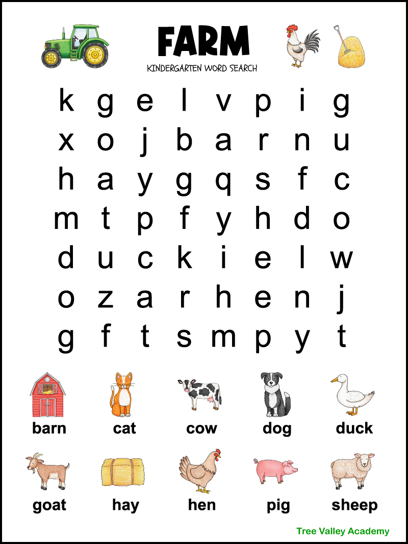 Kindergarten Farm Word Search - Tree Valley Academy for Free Printable Kindergarten Word Search