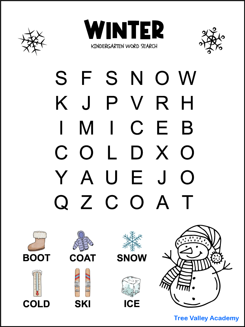 Kindergarten Winter Word Search - Tree Valley Academy with regard to Free Printable Kindergarten Word Search