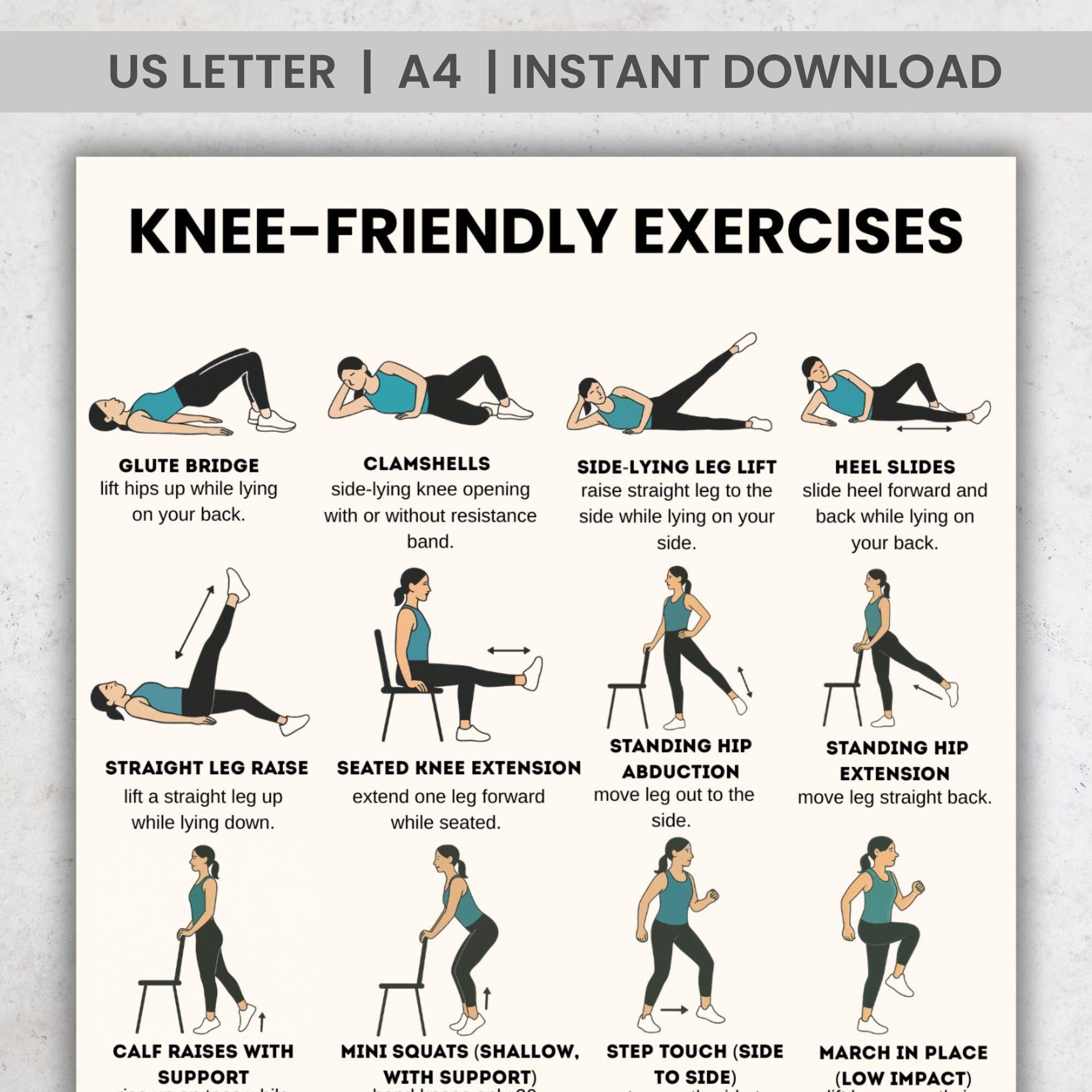 Knee Friendly Exercise Chart: Low Impact Senior Workout (Pdf in Printable Knee Strengthening Exercises