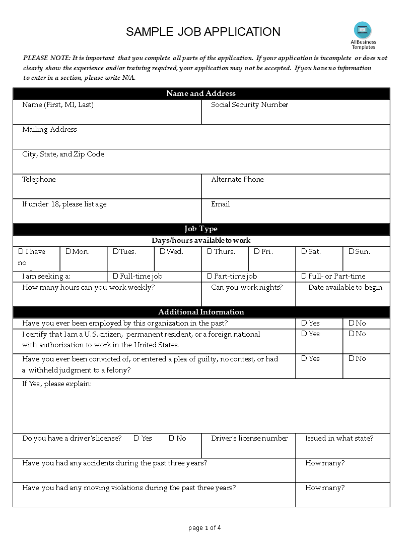 Kostenloses Sample Job Application Form pertaining to Printable Job Applications For Employers