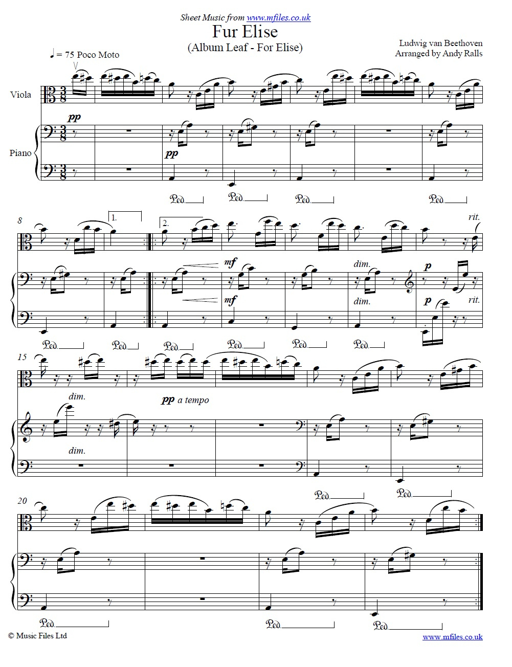 Ludwig Van Beethoven : Fur Elise (Arranged For Viola And Piano throughout Printable Fur Elise Piano Sheet Music