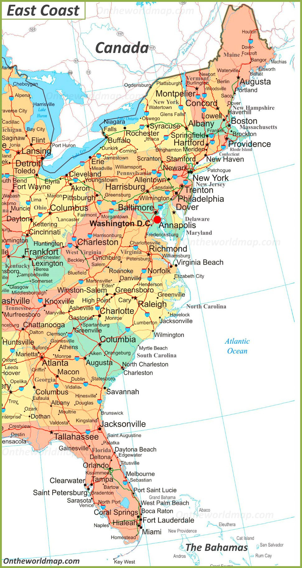 Map Of East Coast Of The United States - Ontheworldmap inside Printable Map Of East Coast