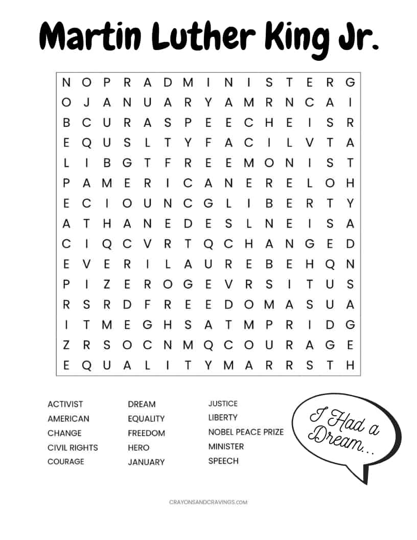 Martin Luther King Jr. Free Printable Word Search Worksheet throughout Martin Luther King Word Search Free Printable