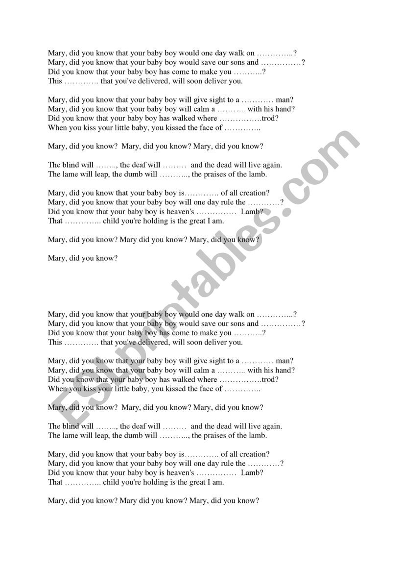 Mary Did You Know? - Lyrics To Complete - Esl Worksheetola3105 with Mary Did You Know Lyrics Printable