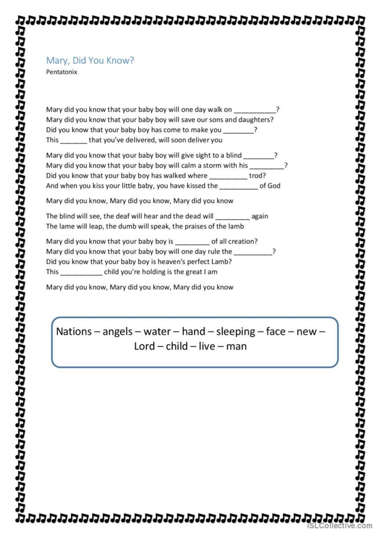 Mary Did You Know - Pentatonix Warm…: English Esl Worksheets Pdf & Doc with regard to Mary Did You Know Lyrics Printable