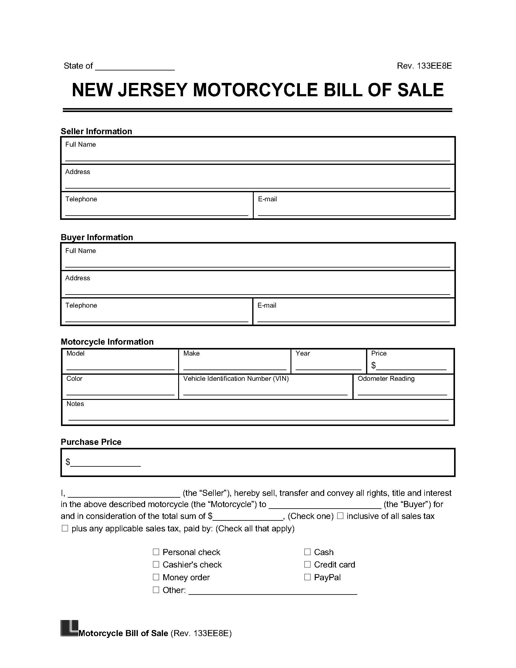 New Jersey Motorcycle Bill Of Sale | Legal Templates with Printable Bill Of Sale For Motorcycle
