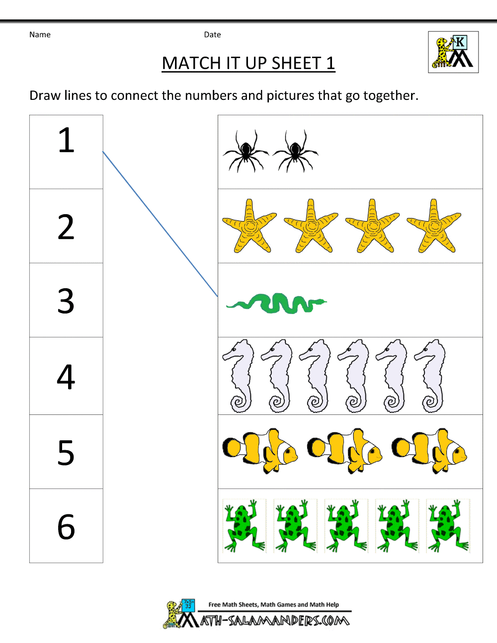 Number Matching Worksheets 1-10 throughout Free Printable Math Activities For Kindergarten