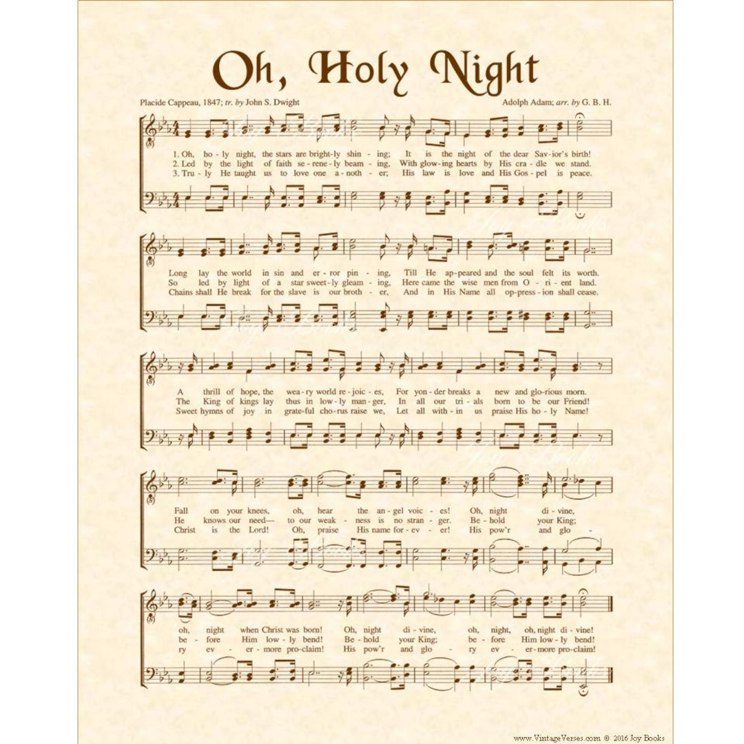 Oh Holy Night - 8X10 Antique Hymn Art Print Vintage Verses Sheet pertaining to O Holy Night Sheet Music Printable Free