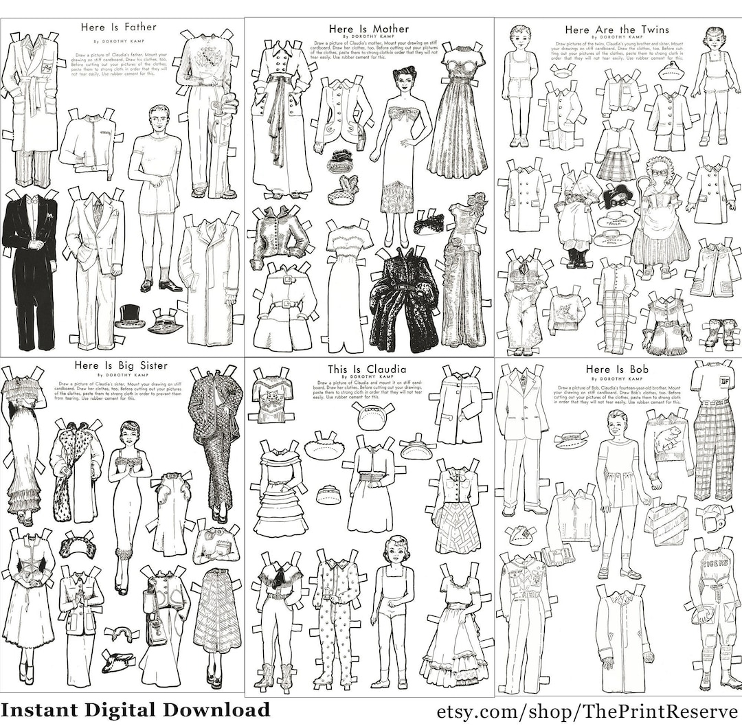 Paper Doll Familie Malseiten Printable Sofortiger Digitaler for Paper Doll Printable Black and White
