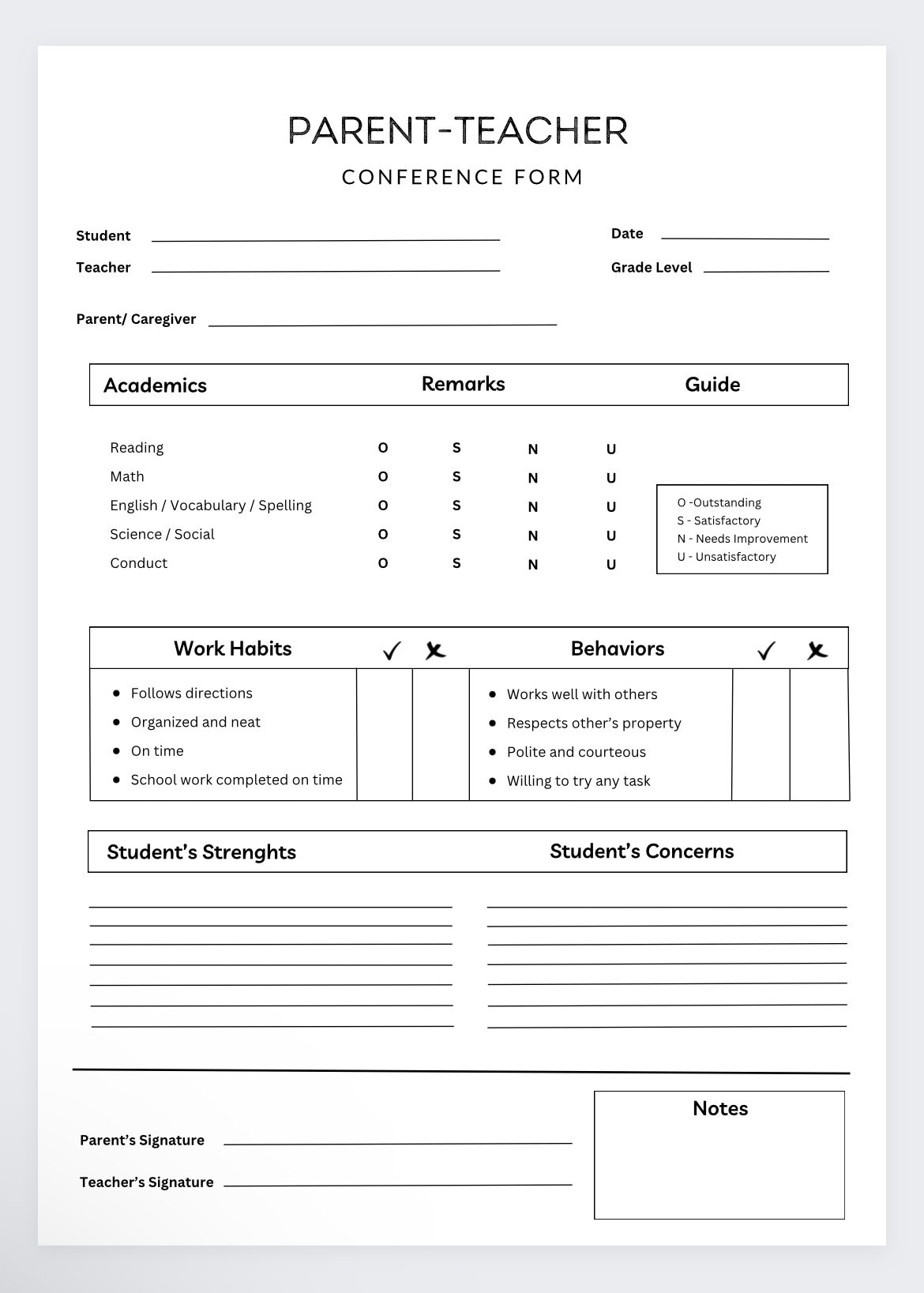 Parent Teacher Conference Form: Student Information Template - Etsy in Parent Teacher Conference Form Free Printable