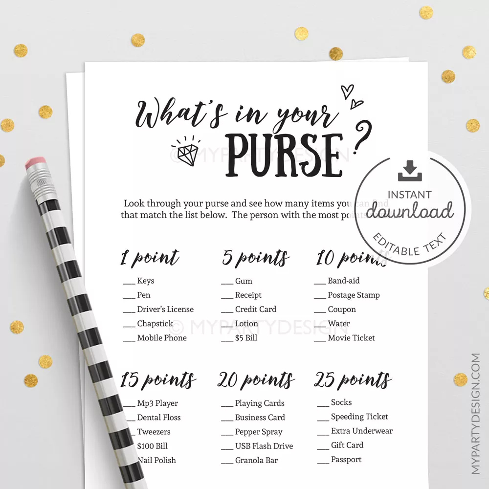Printable Bridal What Is Your Purse What&amp;#039;S In Your Purse Game with Free Printable What&amp;#039;S In Your Purse Game