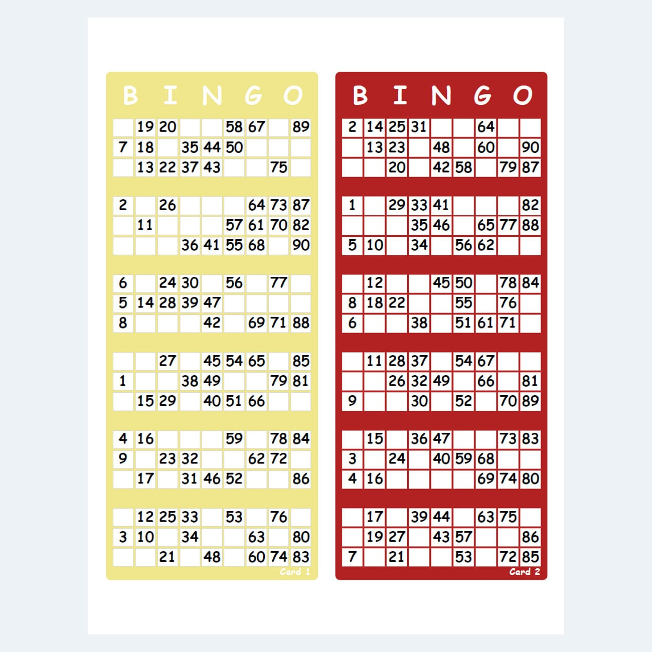 Printable Colour Uk Style 1-90 Bingo Ticket Cards, 2 Per Page in Printable Bingo Cards 1 90