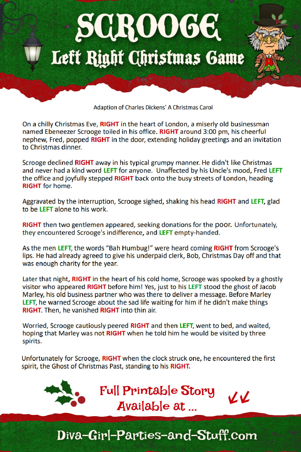 Printable Left Right Christmas Game Story Of Scrooge regarding Left Right Story Game Free Printable