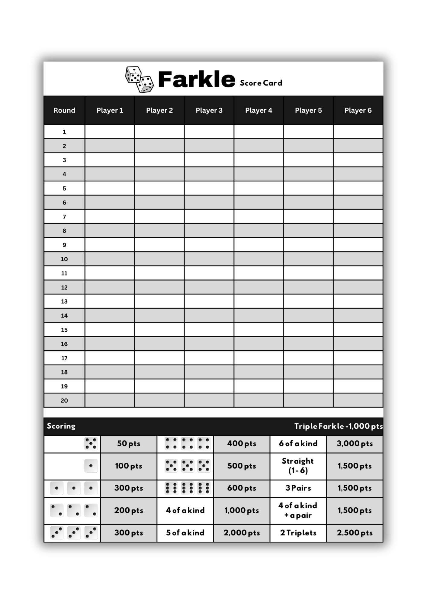 Printable Replacement Score Sheet Compatible With Farkle - A0, A1 with Printable Farkle Score Sheet