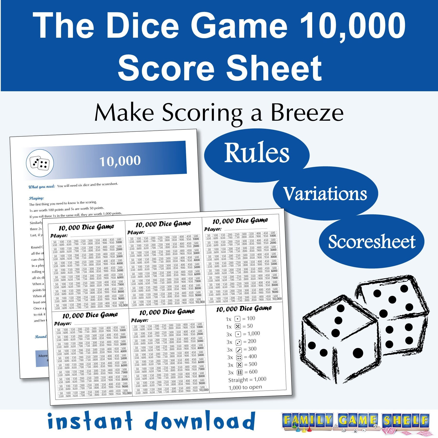 Printable Rules And Score Sheet For The Dice Game 10,000 For Easy pertaining to 10 000 Dice Game Rules Printable