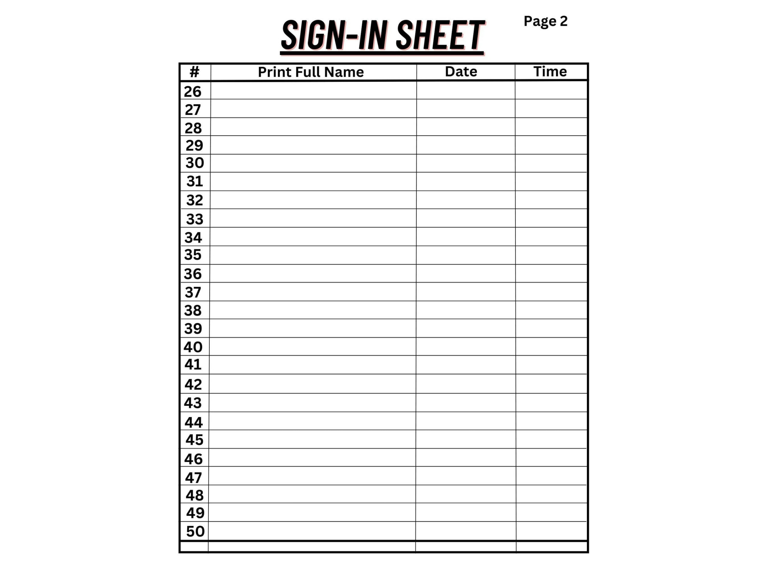 Printable Sign-In Sheet 25 Rows 8.5X11 Inches - Etsy Israel within Printable Sign in Sheet
