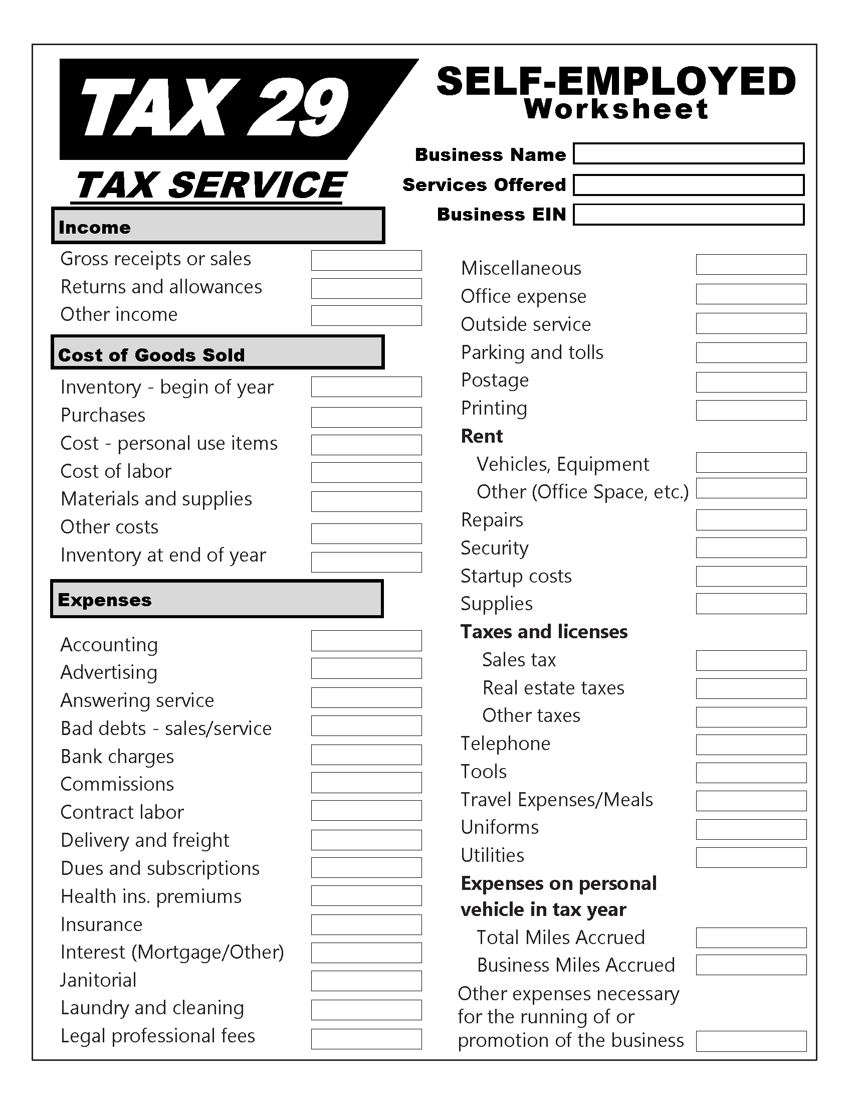 Resources - Tax 29 - Worksheets Library regarding Printable Self Employed Tax Deductions Worksheet