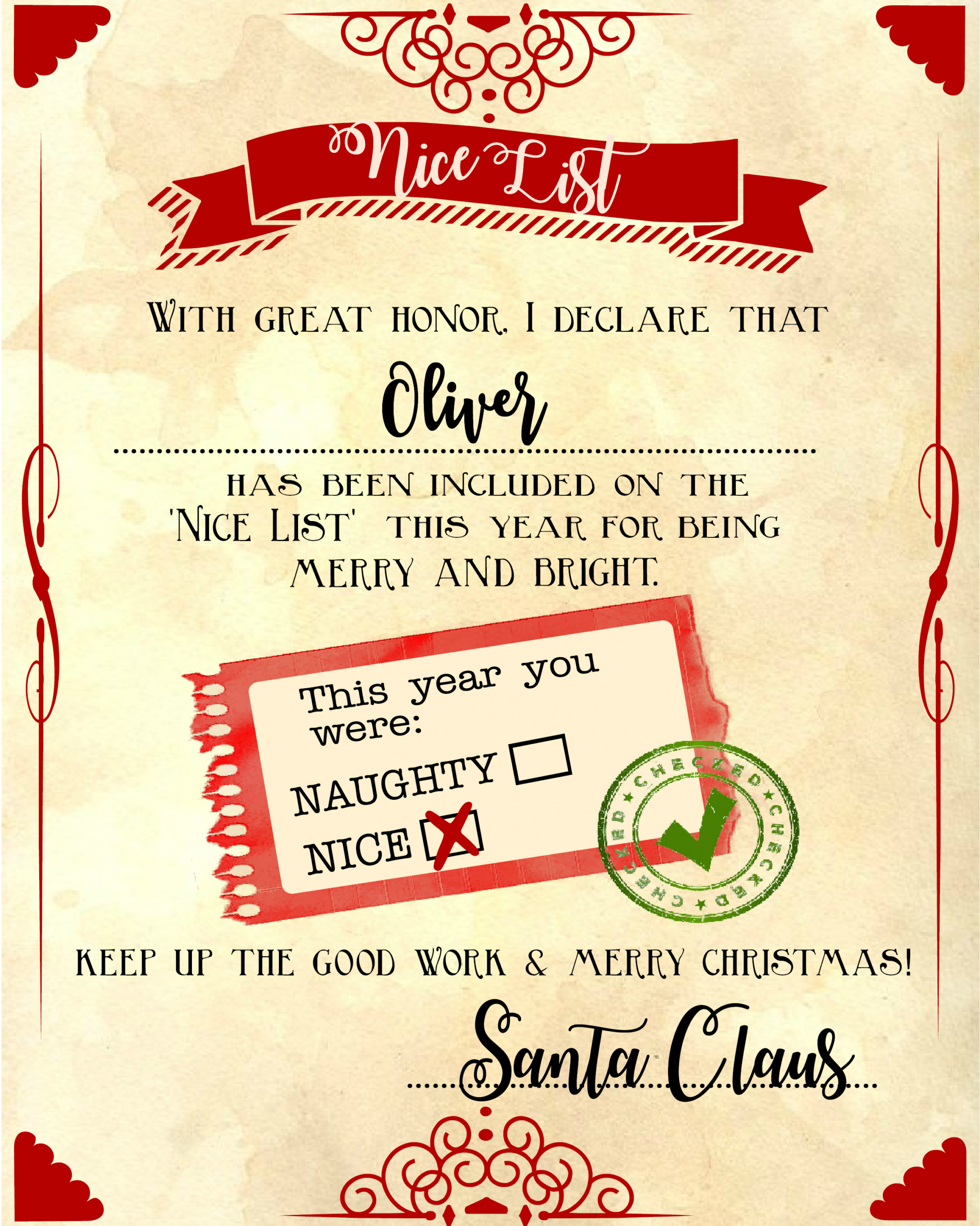Santa &amp;quot;Nice List&amp;quot; Free Printable Certificate in Free Printable Good List Certificate From Santa