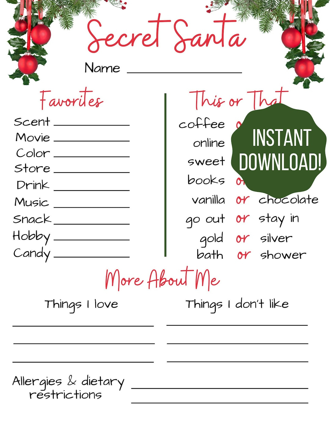 Secret Santa Questionnaire / Secret Santa Form / Christmas throughout Printable Template Secret Santa Form