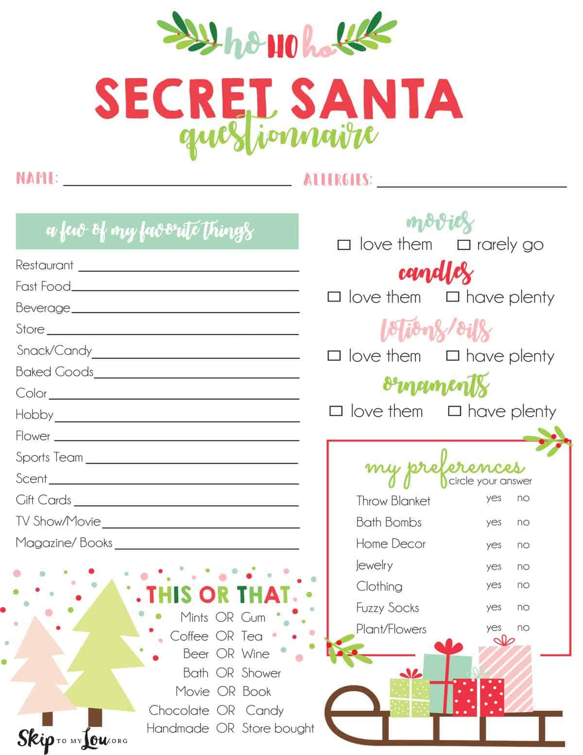 Secret Santa Questionnaire | Skip To My Lou throughout Printable Template Secret Santa Form