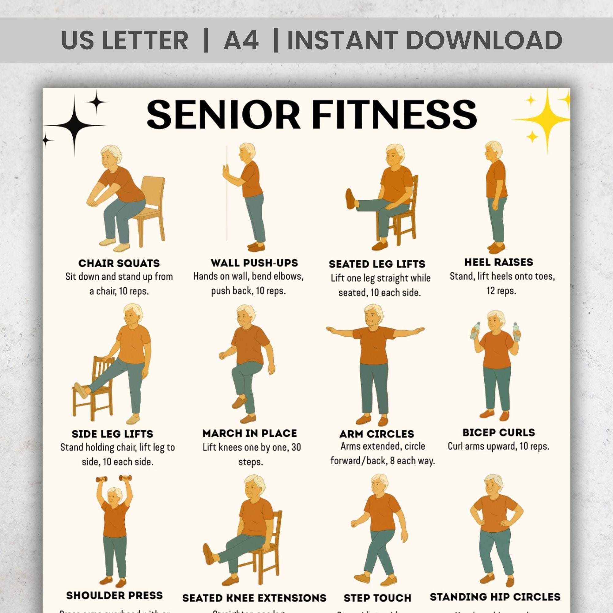 Senior Fitness Printable Pdf, 16 Easy Chair &amp;amp; Standing Exercises in Pdf Printable Exercises For Seniors
