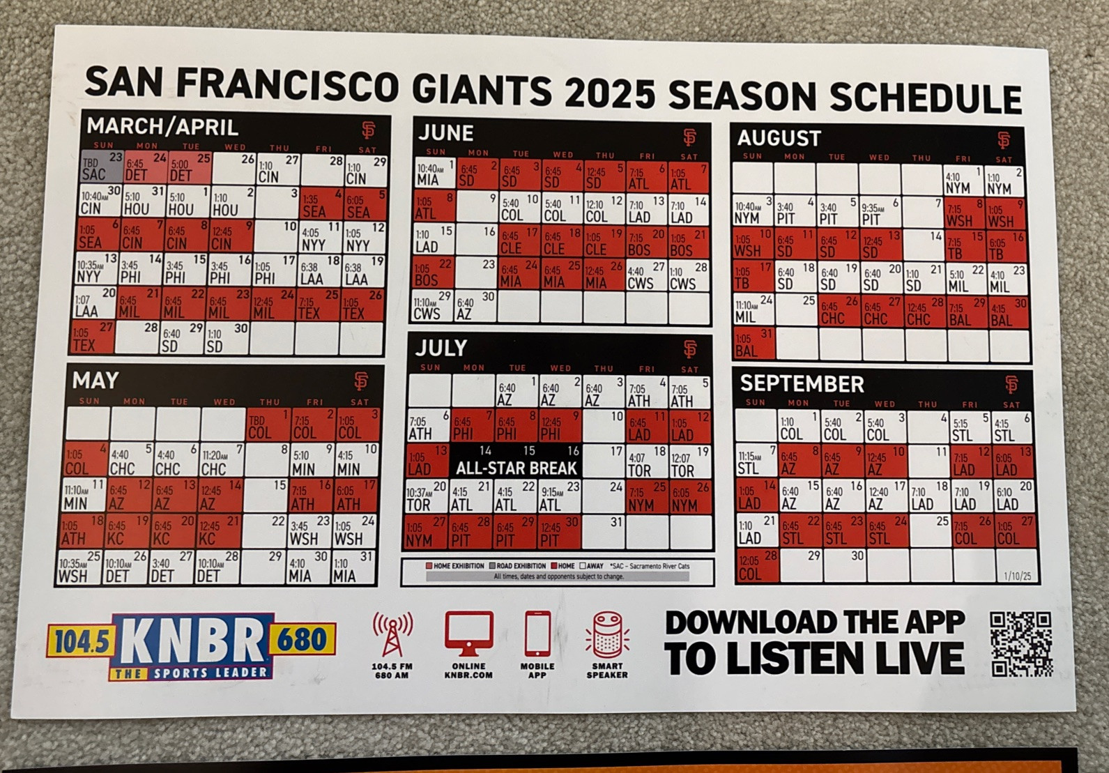 Sf Giants 2025 Authentic Fan Schedule Cheer Card Sga Photo Shows in San Francisco Giants Schedule Printable