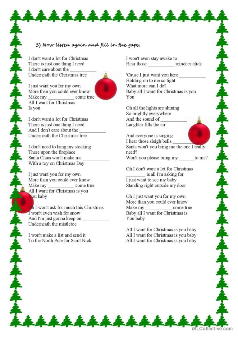 Song Activity - All I Want For Chris…: English Esl Worksheets Pdf throughout Printable Lyrics For All I Want For Christmas Is You