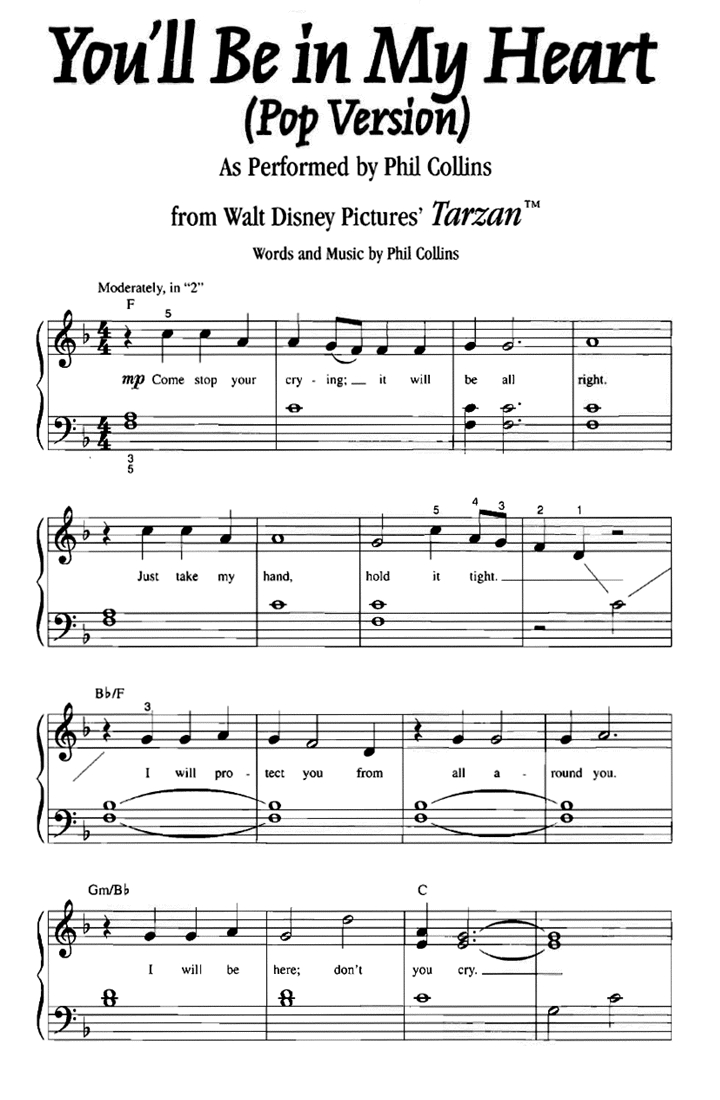 Tarzan You'Ll Be In My Heart Easy Piano Sheet Music | Easy Sheet Music intended for Free Printable Piano Sheet Music For Beginners with Letters