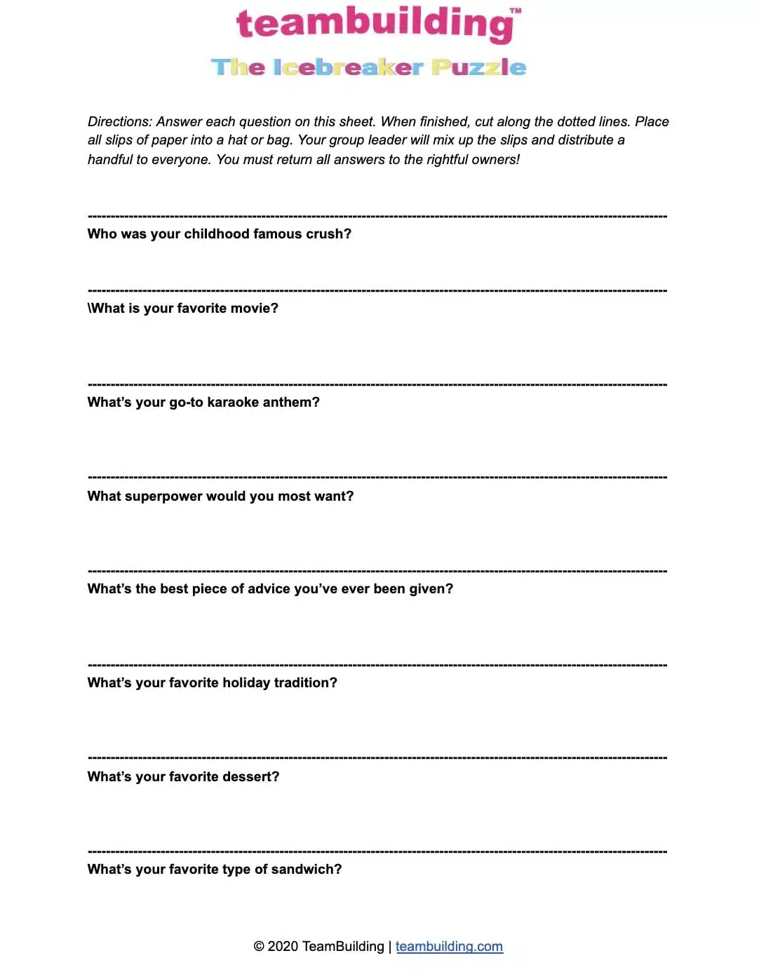 Team Building Worksheets: Free Templates with regard to Printable 5 Minute Team Building Activities