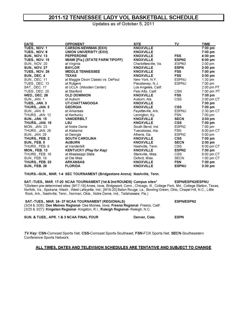Tenn Lady Vols Basketball Roster - Printable with Printable Lady Vols Basketball Schedule