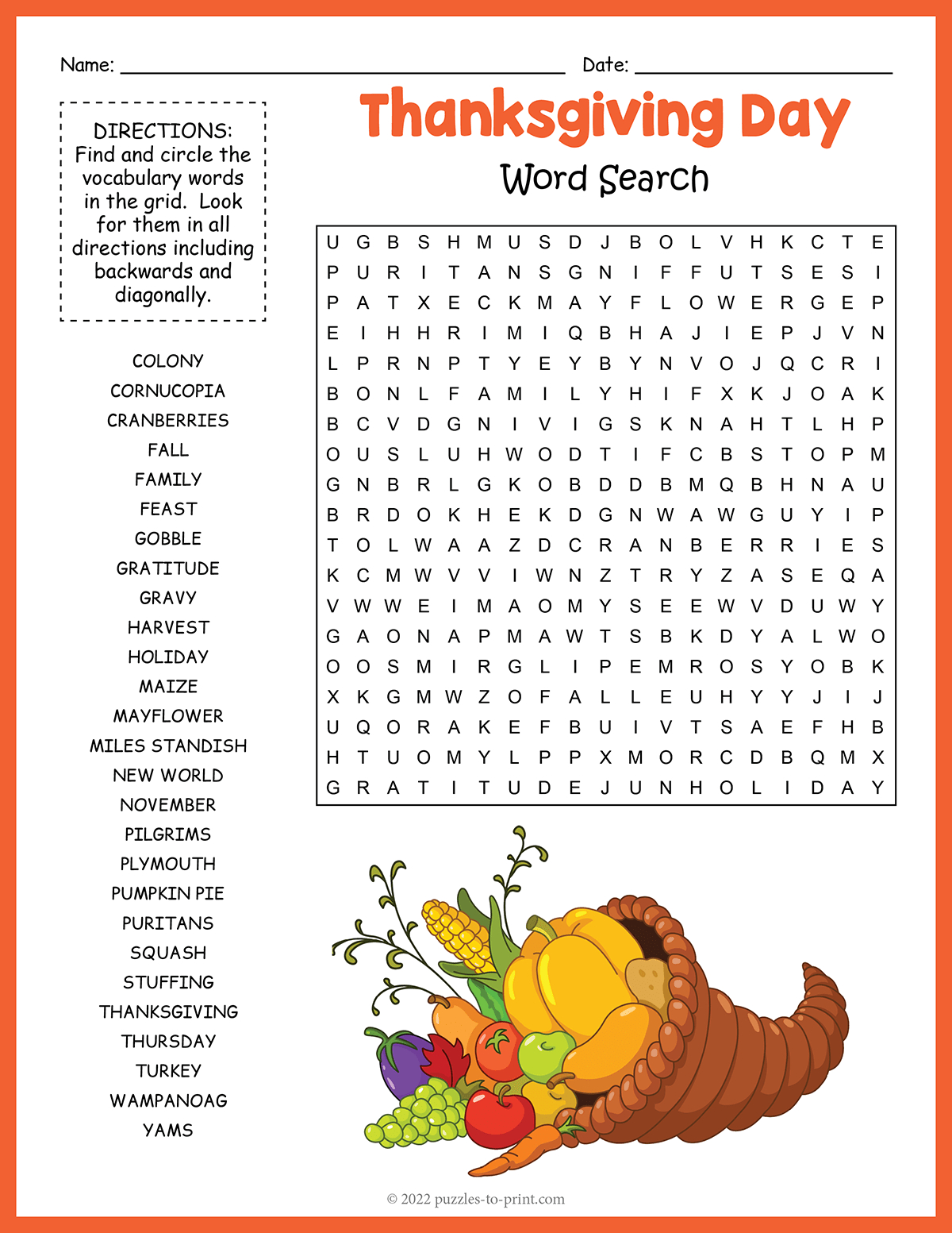 Thanksgiving Word Search for Free Printable Thanksgiving Word Searches