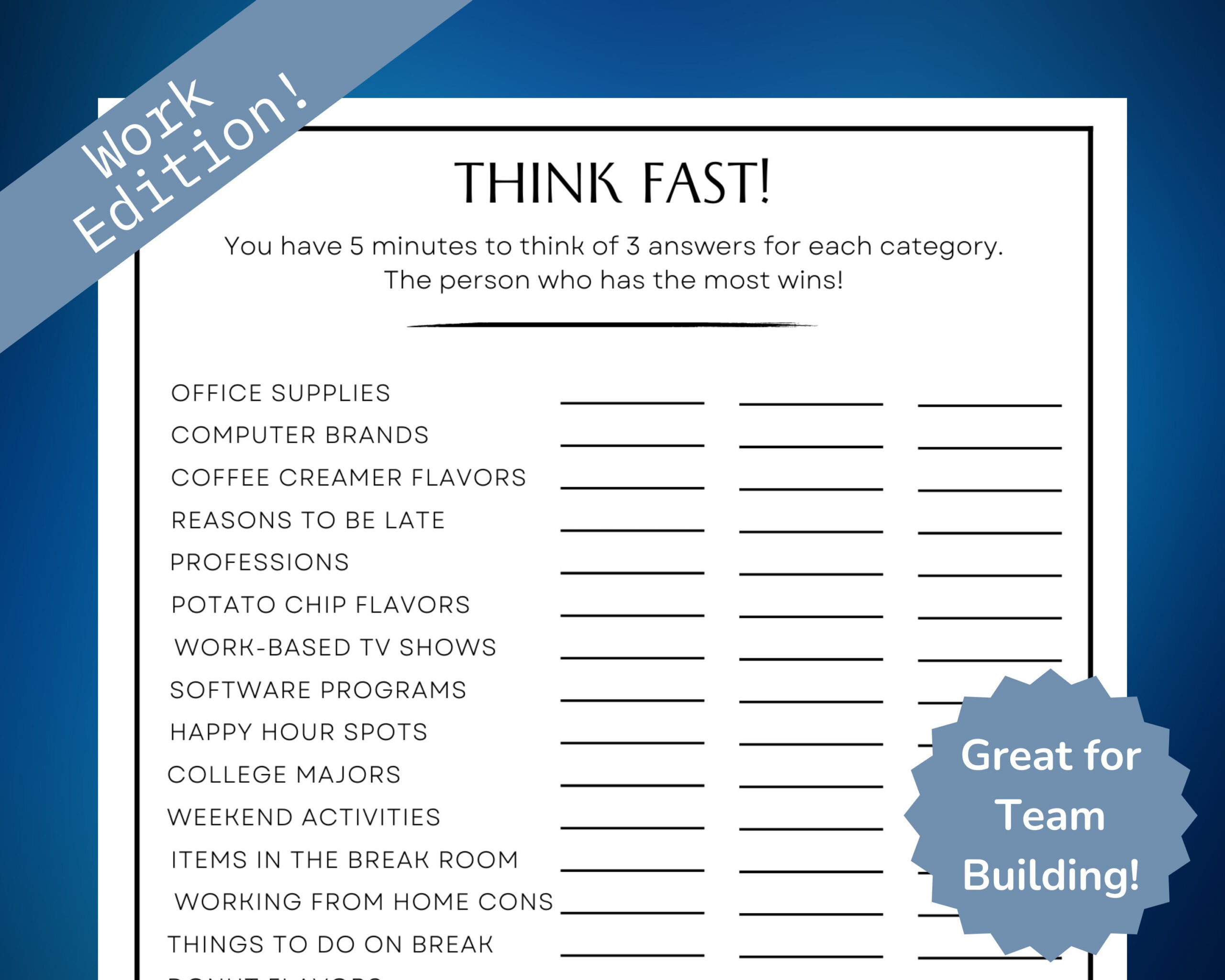 Think Fast Office Party Game, Team Building Game For Employees for Printable 5 Minute Team Building Activities