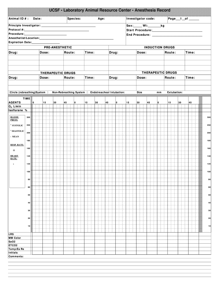 Ucsf Laboratory Animal Resource Center Anesformsia - Fill Online regarding Printable Veterinary Anesthesia Monitoring Sheet