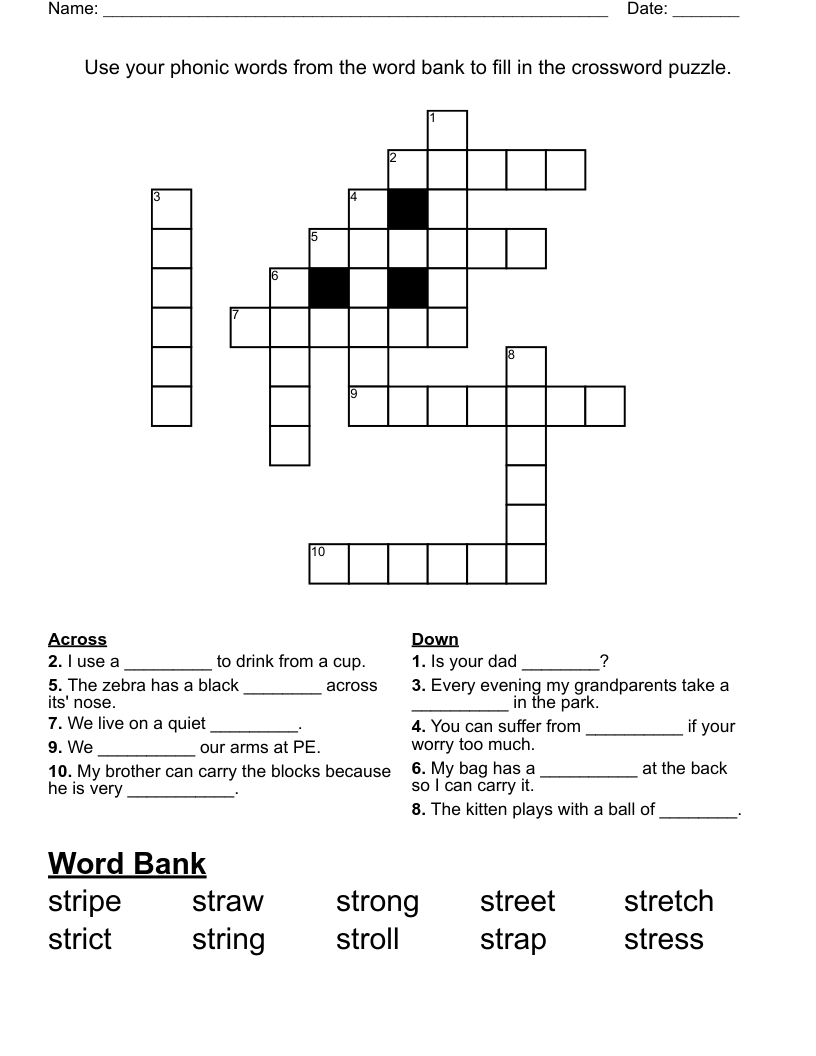 Use Your Phonic Words From The Word Bank To Fill In The Crossword in Crossword with Word Bank Printable