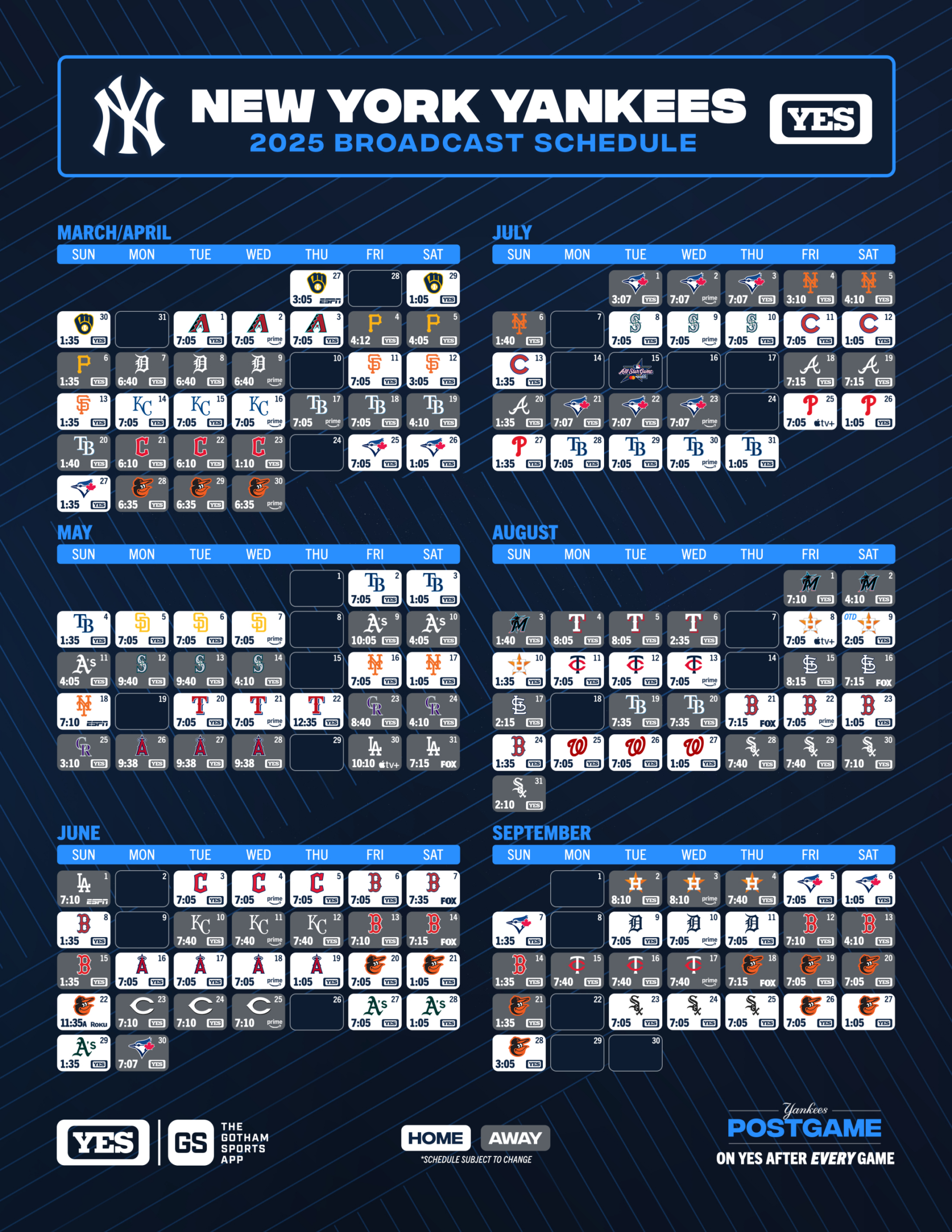 Yes Yankees Broadcast Schedule | Yes Network | Yes Network with New York Yankees Printable Schedule