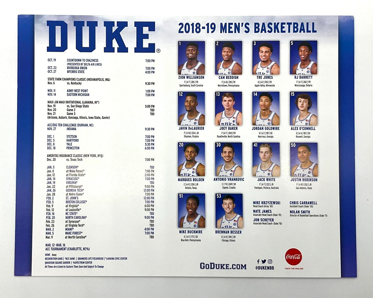 Zion Williamson, Rj Barrett, 2018-2019 Duke Basketball Schedule inside Printable Duke Men's Basketball Schedule